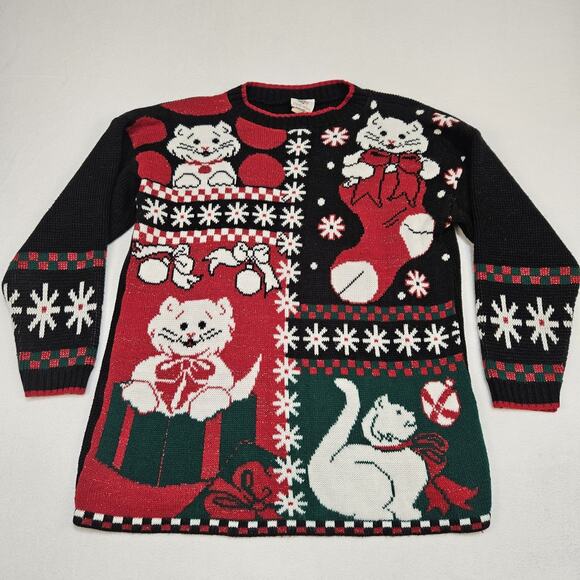 VTG Christmas Sweater Womens M Cat Kitten Kitty Holiday Made in USA Red Grandma - Picture 1 of 12